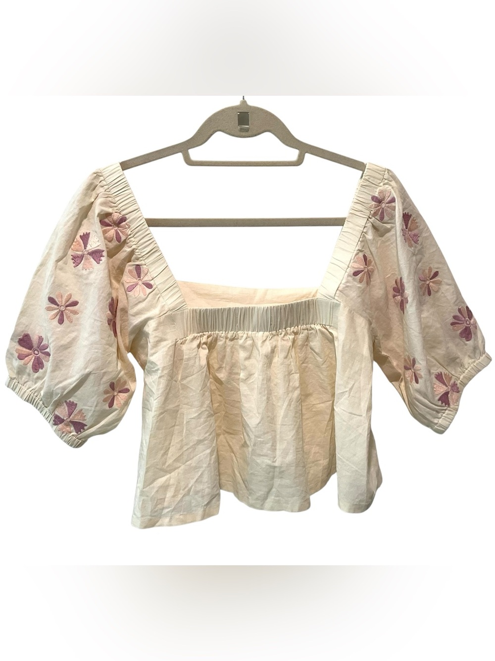 Cream Embroidered Puff Sleeve Cottagecore Boho Babydoll Blouse Size S - Picture 4 of 5